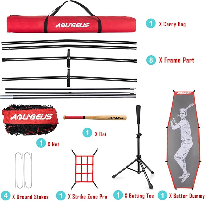 7'X7' Baseball Softball Practice Net,Pitching Net,Batting Net,with Baseball Tee,Bonus Strike Zone and Bow Frame,for Hitting,Pitching, Catching