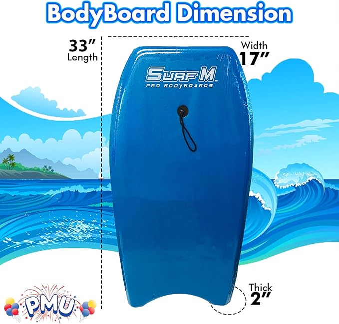 PMU 33 Inch Sky Blue Bodyboard - Lightweight Wrist Leash, Slick Bottom Boards for Beach, Sea & Pool - Surfing Board for Kids, Teens & Adults Wave Conditions Pkg/1