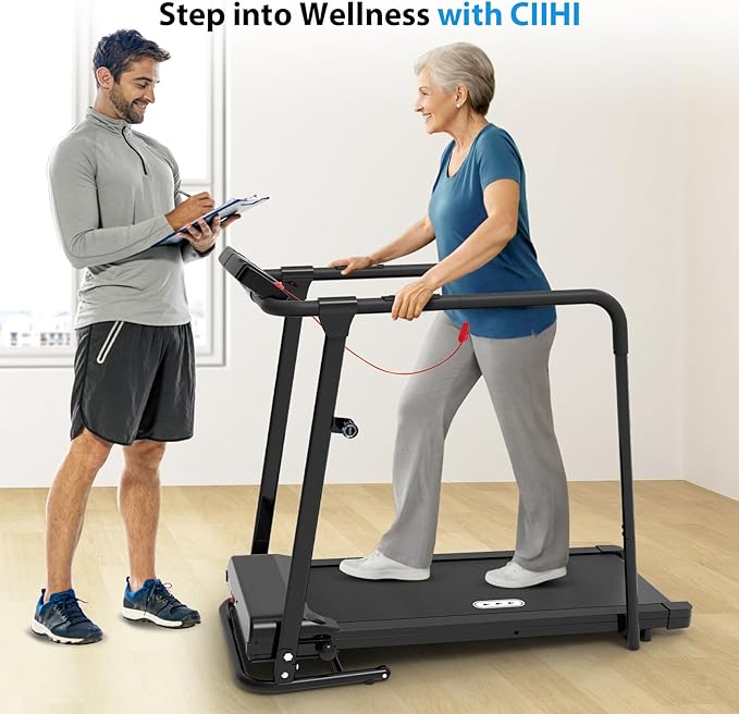 CIIHI Walking Treadmill for Senior - Foldable Senior Treadmill with 300 lbs Capacity and Long Handrails - Home Recovery Fitness Exercise Machine for Elder with Heart Rate Monitor