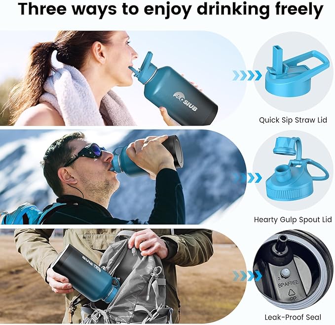 Insulated Water Bottle 64 oz, Triple Wall Vacuum Stainless Steel(Cold for 48 Hrs),Leak Proof & BPA-Free,Half Gallon Water Bottle with Reflective Paracord & Flip Straw for Sports & Travel, Indigo-Black