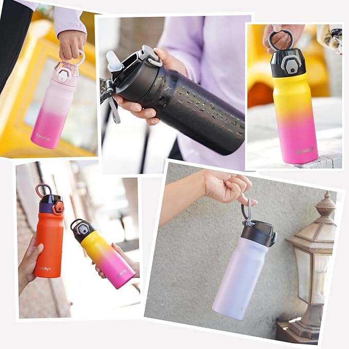 Insulated Water Bottle with Straw and Carry Loop,18 oz Stainless Steel Double Wall Vaccum Metal Water Flask with Leak-proof Lid,Black Leopard