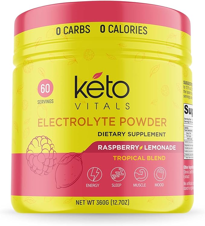 Keto Vitals Electrolytes Powder - Sugar Free Keto Electrolytes Powder with Potassium, Magnesium, Sodium, & Calcium - No Sugar Electrolyte Drink Mix & Hydration Powder, 60 Servings, Raspberry Lemonade