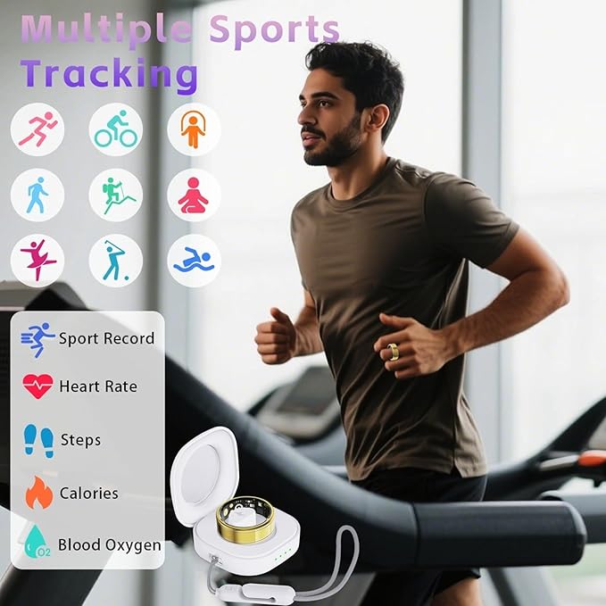 Smart Ring Health Tracker, Fitness Tracker Ring for Women Men, Monitoring of Pedometer, SpO2, Sleep Quality, Heart Rate, No Subscription Fee, Sport Rings for iOS & Android (Gold 12)