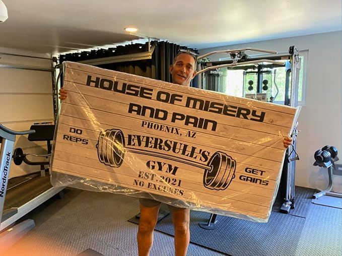 Tailored Canvases Personalized Gym Sign Wall Art Decor - Motivational Canvas for Home Gym, Workout Room, Garage, Fitness Center - Workout Inspirational Posters - House of Misery and Pain, White Wood 36x12in