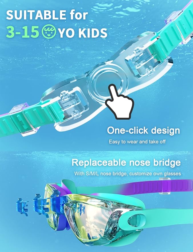 Kids Swim Goggles, Swimming Goggles for Kids with Nose Clip, Earplugs, Nose Bridge for Age 3-15