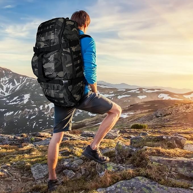 55L Large Duffle Bag, 3-in-1 Tactical Backpack MOLLE Pack for Gym, Sports, Outdoor, Black Camo