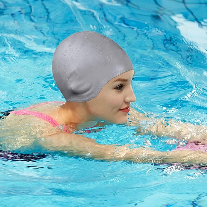 Swimming Cap, Silicone Swim Cap for Women Men, Durable Non-Slip Waterproof Swim Cap Protect Ears, Long Hair for Adults, Older Kids
