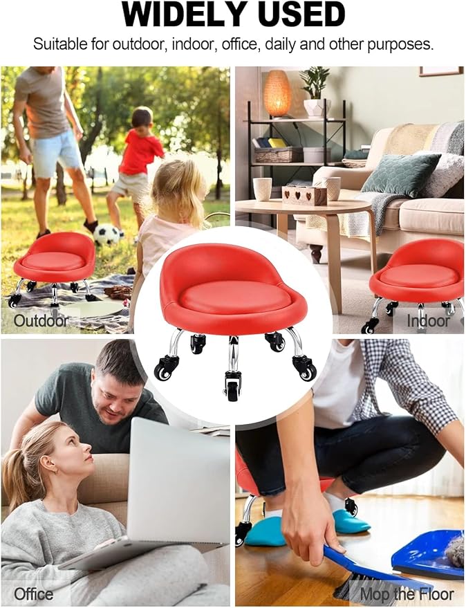 Lanstics Low Rolling Stool with Leather Roller Seat and Backrest - Universal Wheels for Home Office and Fitness (Red)