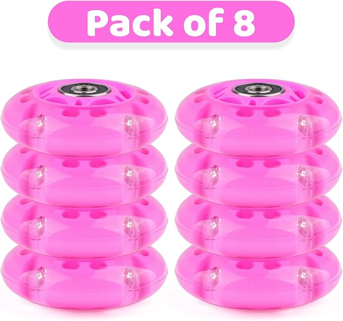8pcs Inline Skate Wheels Led Light-Up Wheels 64/70/72/76/80mm w/Bushings 85-88A for Kids and Youth Beginners Children's Inline Skates Indoor/Outdoor Use (Pink, 70mm)