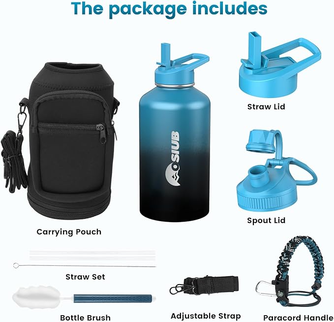 Insulated Water Bottle 128 oz, Triple Wall Vacuum Stainless Steel(Cold for 48 Hrs),Leak Proof & BPA-Free,One Gallon Water Bottle with Reflective Paracord & Flip Straw for Sports & Travel, Indigo-Black