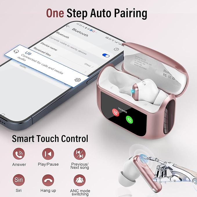 Wireless Earbuds, Bluetooth 5.4 Headphones with Multifunctional Touch Screen, 48H Bass Stereo Ear Buds with ANC/ENC Noise Cancelling/Transparency Mode, IPX7 Earphones with 5 EQ Modes, Rose