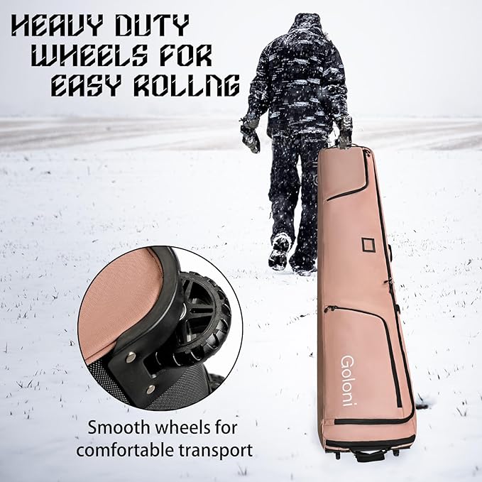 Goloni Ski Bag with Wheels,Padded Snowboard Bag for Air Travel,600D Waterproof Fabric,Foldable Snow Bag Fits 2 Pairs Skis