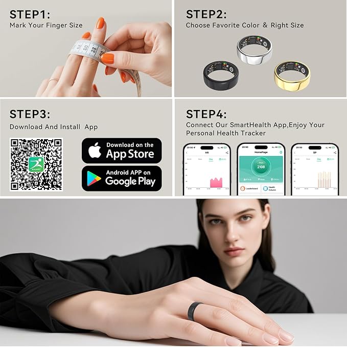 Smart Rings for Women Men,Fitness Tracker Ring,Heart Rate,Blood Oxygen,Blood Pressure,Step Tracker,Sleep Monitoring,No Subscription Fee,IP68 Waterproof Smart Ring for iphone&Android(Black 8)