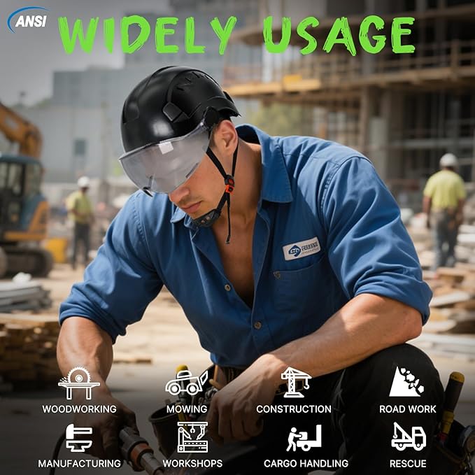 Aolamegs Construction Hard Hats for Adults - Hard Hats Construction OSHA Approved with Smoke Visor for Men Women, ANSI Z89.1 Vented Safety Helmet, Hard Hat with Chin Strap,6 Point Suspension (Black