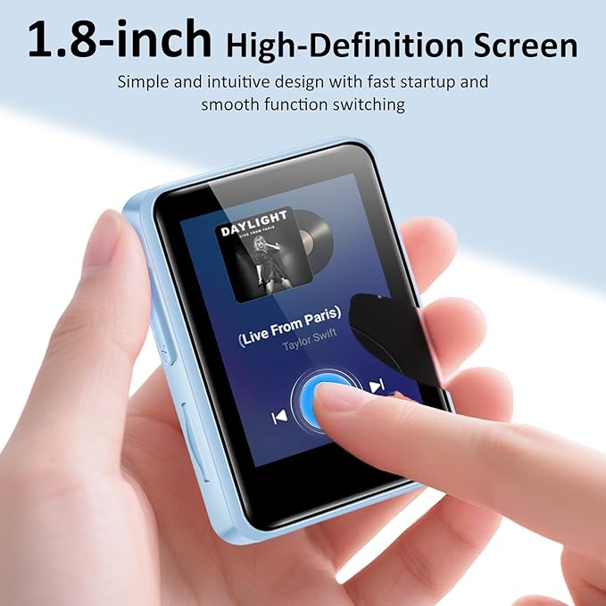 32GB MP3 Player for Kids, 1.8 inch Portable Small Music Bluetooth MP3 Player with Speaker, FM Radio, Voice Recorder, Alarm Clock, Stopwatch, Up to 512GB(Blue)