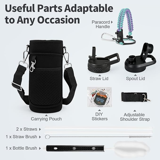 40 oz Insulated Water Bottle with Straw (Cold for 48 Hrs), Stainless Steel Triple Wall Vacuum Sports Water Jug, Leakproof Hydro Cup Flask with Paracord Handle & Straw Spout Lids & DIY Stickers