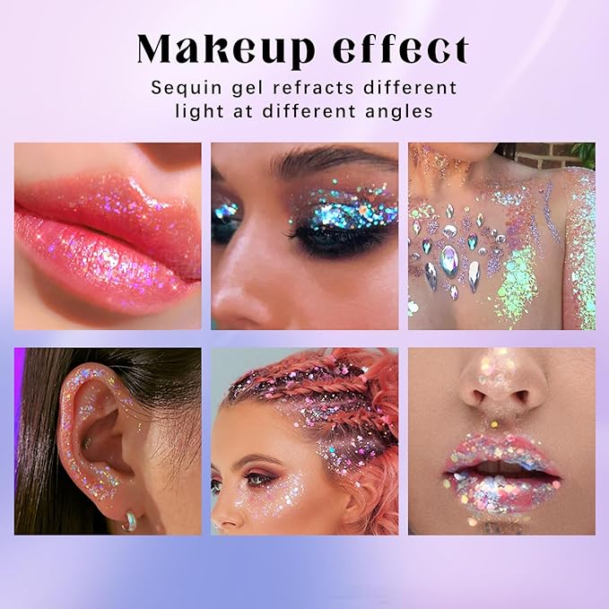 2 Colors Roll-on Body Glitter Gel, Holographic Glitter Gel Under Light for Face Hair, Body Shimmer for Rave Accessories Christmas New Year Halloween Makeup (8+11)