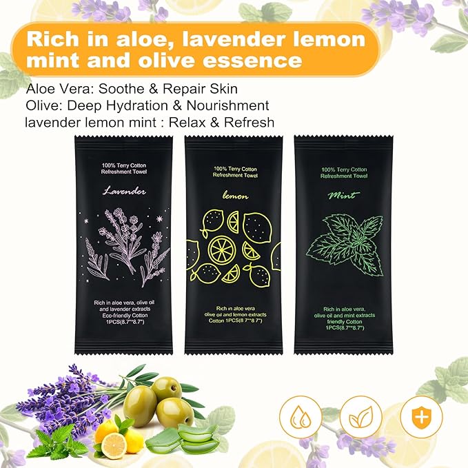 Moist Cotton Towel Bulk Moist Towelettes Individually Wrapped 8.7" x 8.7",White Towel Services,Refreshment Pre Moistened Towels Lavender, Lemon and Mint for Sport Party Spa (pack of 300)