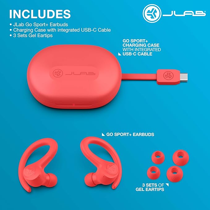 JLab Go Air Sport+ Wireless Workout Earbuds Featuring C3 Clear Calling, Secure Earhook Sport Design, 35+ Hour Bluetooth Playtime, and 3 EQ Sound Settings (Coral)