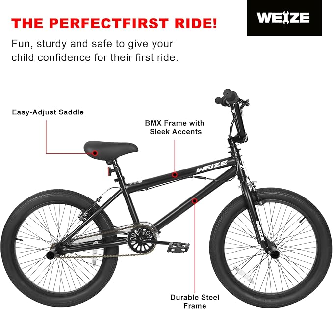 WEIZE Freestyle BMX Bike, 20 inch Trick Bicycle for Kids and Adults Men Women, Hi-Ten Steel Frame, 360 Degree Rotor Freestyle, 4 Pegs Single Speed Teen Bike, Beginner-Level to Advanced Riders