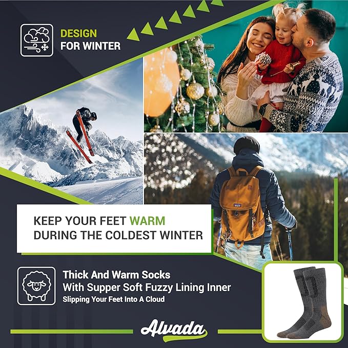 Alvada Merino Wool Hiking Socks Thermal Warm Crew Winter Boot Sock For Men & Women 3 Pairs