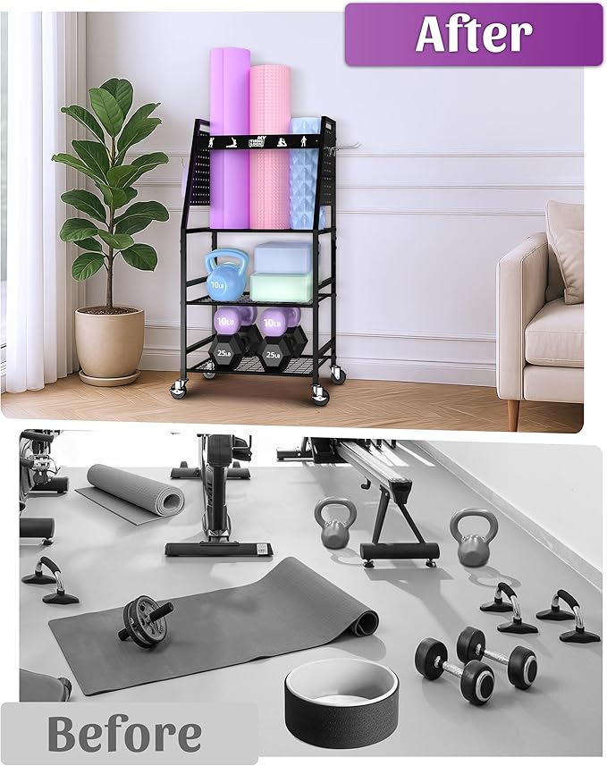 Mythinglogic Dumbbell Rack for Home Gym, Weight Rack for Dumbbells, Multifunctional Yoga Mat Holder for Barbell plates and Kettlebells, Home Gym Storage Rack with Casters
