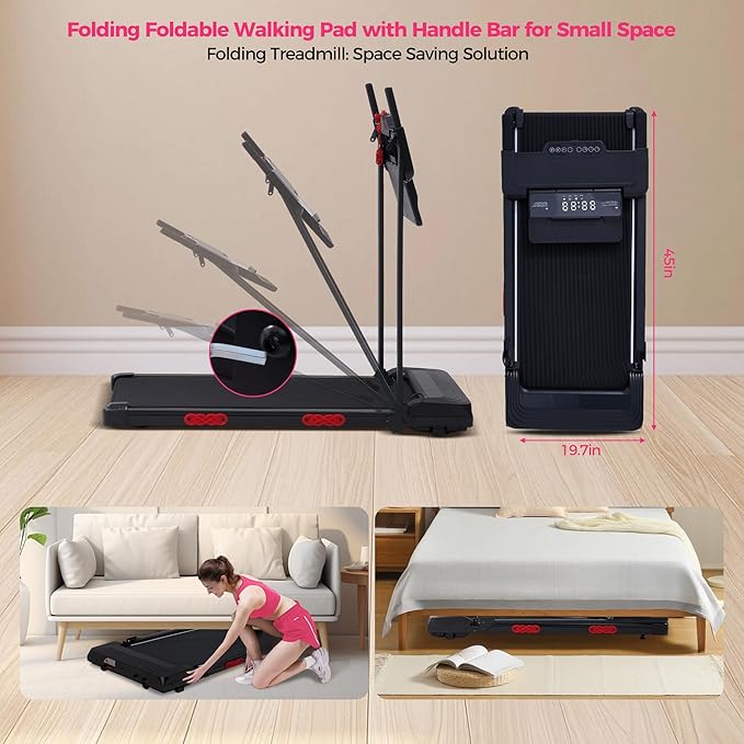 Walking Pad Treadmill with Handle Bar, 3.5HP Compact Electric Walking Pads Treadmills with Handles for Home Apartment Small, 0.6-10MPH Portable Foldable Folding Small Treadmill Home, 400LBS Capacity