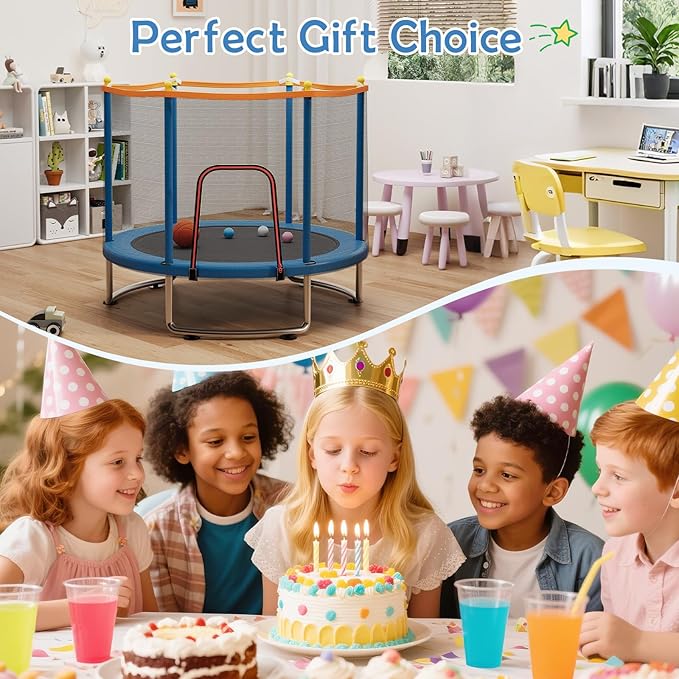 Kids Trampoline with Safety Net – 440lbs Capacity, Upgraded Rust-Proof Ring Legs, Adjustable Gymnastics Bar & Toys – Indoor Outdoor Toddler Trampoline for Boys & Girls Ages 1-8