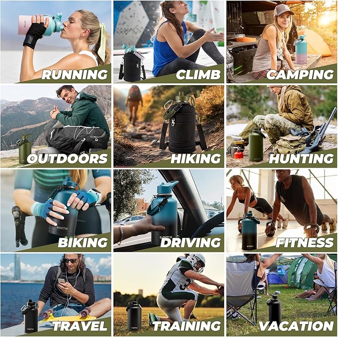 Half Gallon Insulated Water Bottle, 64 oz Triple Wall Stainless Steel Flask, Cold for 48 Hrs Leak-Proof & BPA-Free Jug with Paracord Handle, Straw & Spout Lids(2 pack,Mix Color)