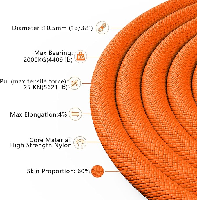 X XBEN Outdoor Climbing Rope 10M(32ft) 20M(64ft) 30M(96ft) 50M(160ft) 70M(230ft) 152M(500FT) 352M(1000FT) Static Rock Climbing Rope for Escape Rope Ice Climbing Equipment Fire Rescue Parachute