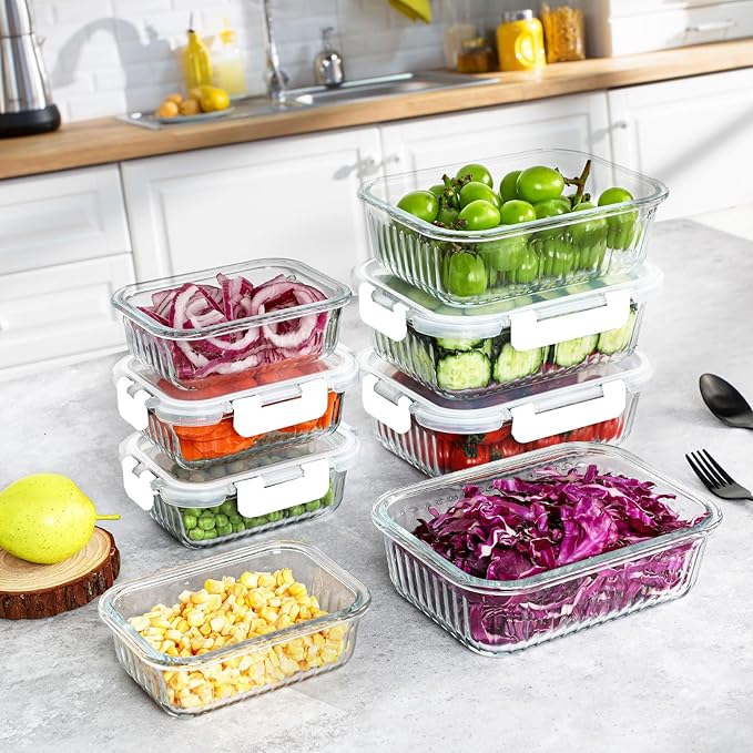10 Packs Glass Food Storage Containers Set, Glass Meal Prep Containers with Lids, Airtight Lunch Containers, Microwave, Oven, Freezer and Dishwasher Safe, White