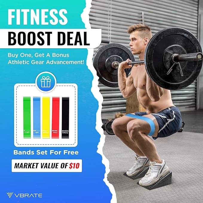 Adjustable Non-Slip Rubber Slant Board for Squats (4PC Squat Wedge Blocks) with 5 Resistance Bands ā Heel Elevated Calf Stretcher & Calf Raise Block for Strength Training, Mobility & Balance