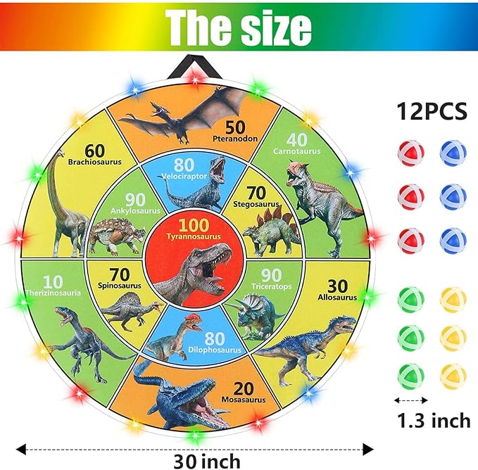 30 Inch LED Dart Board Kids Game,12PCS Sticky Balls,Indoor/Outdoor Sports Carnival Yard Party,Suitable for 3 4 5 6 7 8 9 10 11 12 Years Old Boys and Girls Birthday Gifts Dinosaur Toys