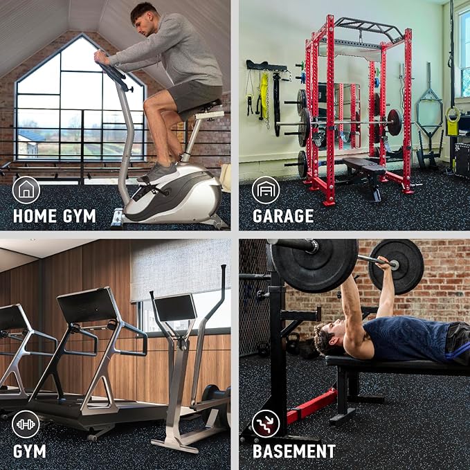 AIRHOP 0.56in Thick 24 Sq Ft Exercise Equipment Mats, 6 Tiles Upgraded Rubber Top with High Density EVA Foam, Large Interlocking Puzzle Gym Flooring for Home Gym, Heavy Weight Workout,Black & Blue