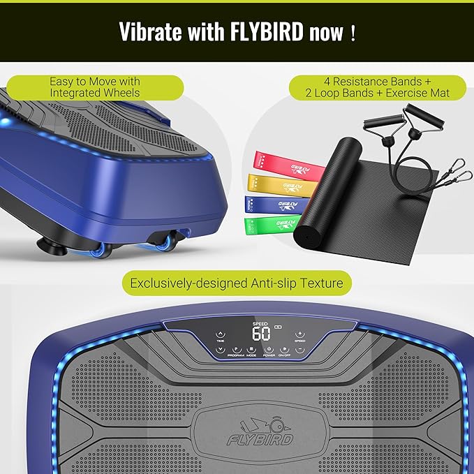 FLYBIRD 4D Vibration Plate 500 LBS Capacity, Oscillation, Linear, Pulsation Vibration Plate Exercise Machine, Triple Motors Vibration Plate for Bone Density Building & Lymphatic Drainage