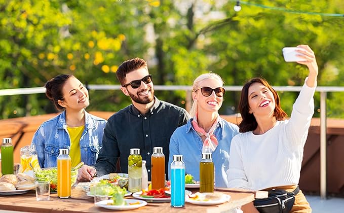 Sursip 24oz Glass Water Bottle Set of 10, Leak Proof Clear glass juice bottle for juicing, Reusable Drinking Bottles with Stainless Steel Lid, Beverage Storage Containers for Refrigerator-BPA Free