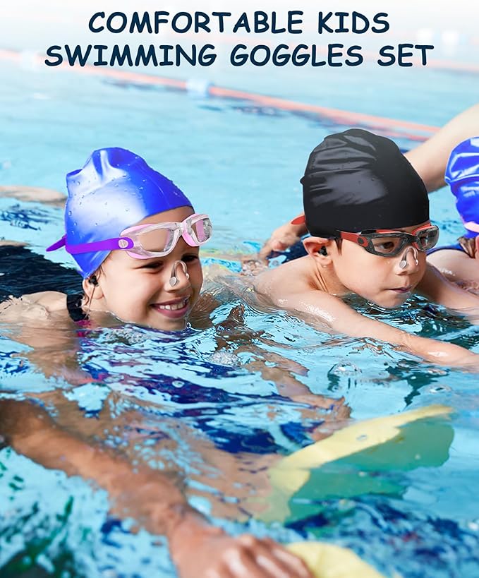 Kids Swim Goggles, Swimming Goggles for Kids Toddlers 3-14 with Swim Cap, Nose Clip, Nose Bridge, Ear Plugs