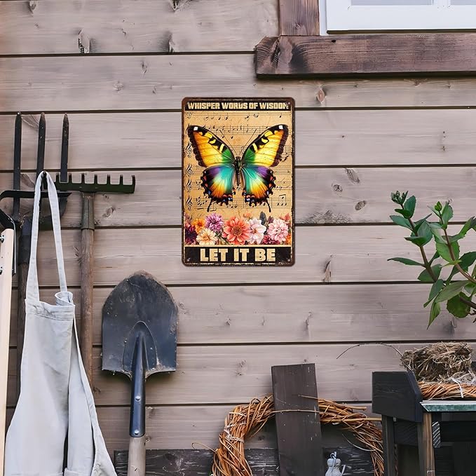 Vintage Garden Tin Sign Whisper Words Of Wisdom Let It Be Retro Butterfly Metal Poster Funny Wall Art Cafe Office Wall Decor for Kitchen Home Bar Pub Club 12 * 8inch