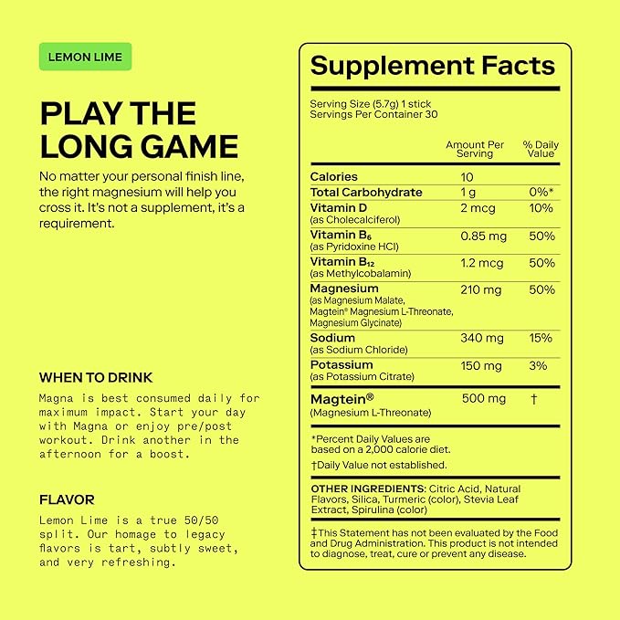 MAGNA Electrolyte Powder Drink Mix for Hydration, Energy & Focus Support with Magnesium L Threonate, Malate & Glycinate, Sodium, Potassium, Vitamin D, B6 & B12, Lemon Lime Flavor, 14 Servings