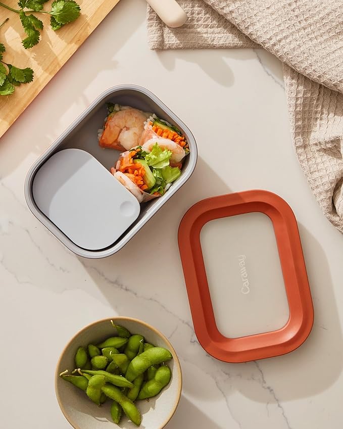 Caraway 6pc Glass Food Storage Set - 2.6 Cup Storage Containers For Food (6) - Non-Toxic Ceramic-Coated Glass - Air Release Technology - Compact & Stackable Design - Navy
