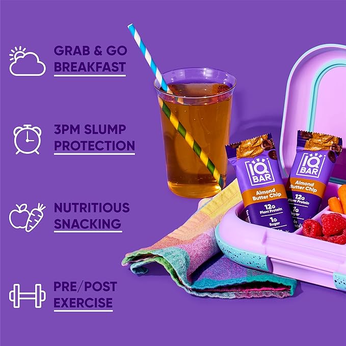 IQBAR Brain and Body Plant Protein Bars - Almond Butter Chip - 24-Count Low Carb - Gluten Free, High Fiber, Vegan Snacks - Low Sugar Meal Replacement