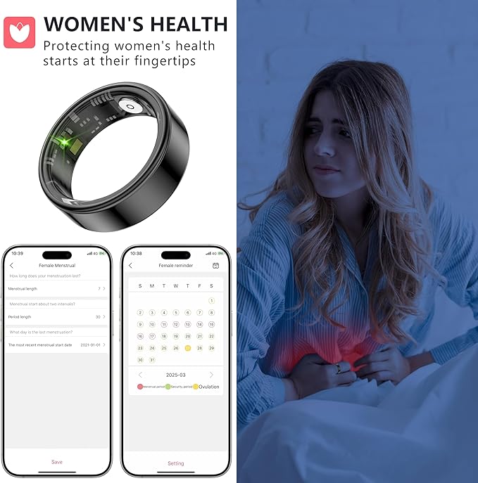 Thin Smart Ring for Fitness & Health Tracking -Pedometer,Sleep/Heart Rate/Blood Oxygen Monitor, Gesture Control / 5ATM Waterproof -No APP Subscription Compatible with Android& iOS (Black, 8)