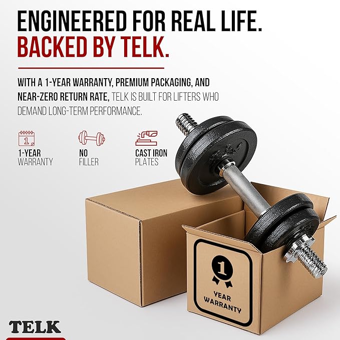 TELK – Adjustable Dumbbell Set – Home Gym Weight Set with Baked Enamel Cast Iron Plates – Space-Saving Free Weights for Strength Training