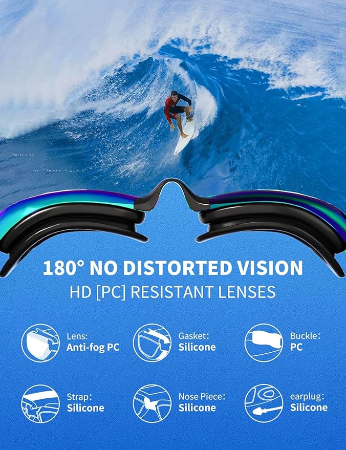 7 in 1 Swim Goggles + Swim Cap for Men Women,No Leak Anti-Fog & UV, Wide Visio HD Mirror PC Lens