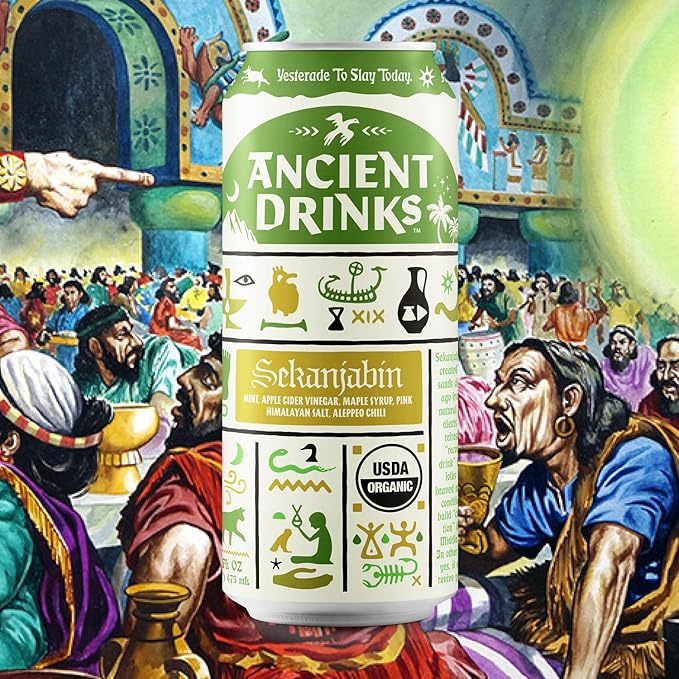 ANCIENT DRINKS Apple Cider Vinegar Beverage with Electrolytes, Vitamins, & Probiotics, Organic, Super-Hydrating Sports Drink - Sekanjabin (Mint & Chili) - 16 fl oz (12 cans)