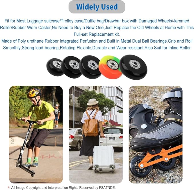 Luggage Suitcase Replacement Wheels Set Suitcase Spinner Wheels 4Pcs PU Bearing Wheels-Install Dia 2in/50mm Width 0.8inch/21mm with 3 Size Axles for Trolley Bag Drawbar Box Smooth Rolling Repair