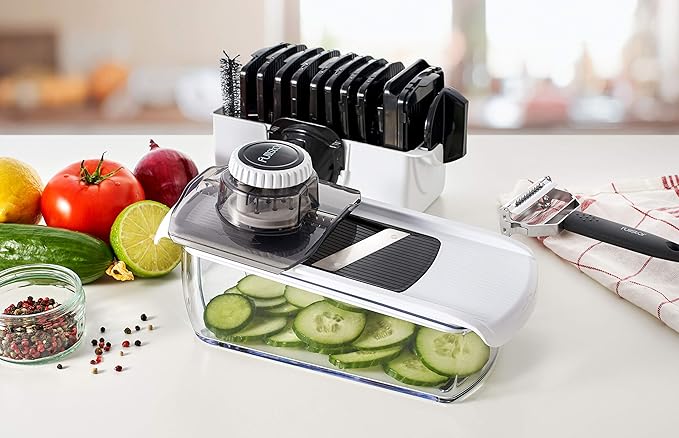 Fullstar Mandoline Slicer for Kitchen, Fruit Cutter, Cheese Grater, Cucumber Slicer, Veggie Spiralizer, Food Cutter & Kitchen Gadgets with Safety Glove (11 in 1, White)