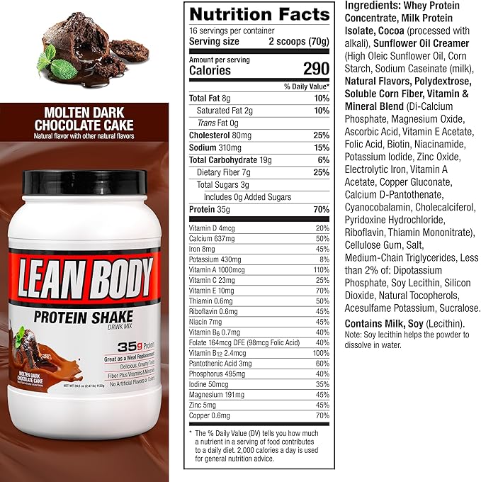 Labrada Lean Body Hi-Protein Meal Replacement Shake, Molten Dark Chocolate Cake PACKAGING MAY VARY