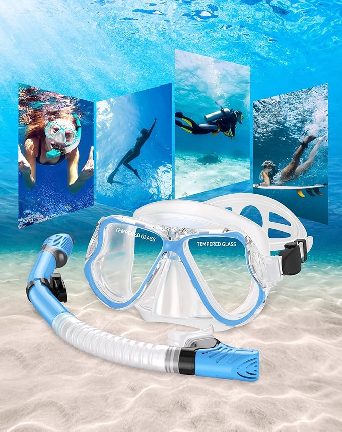 Greatever Dry Snorkel Set,Panoramic Wide View,Anti-Fog Scuba Diving Mask,Professional Snorkeling Gear