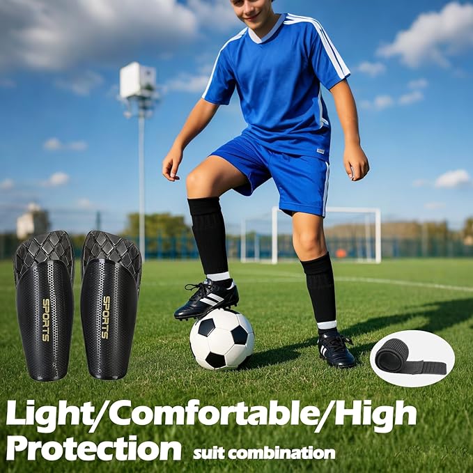 2 Pair Kids Grip Soccer Socks and 2 Pair Shin Guard Sleeves,1 Pack Shin Guards and 4 Shin Straps for Soccer Football Sports